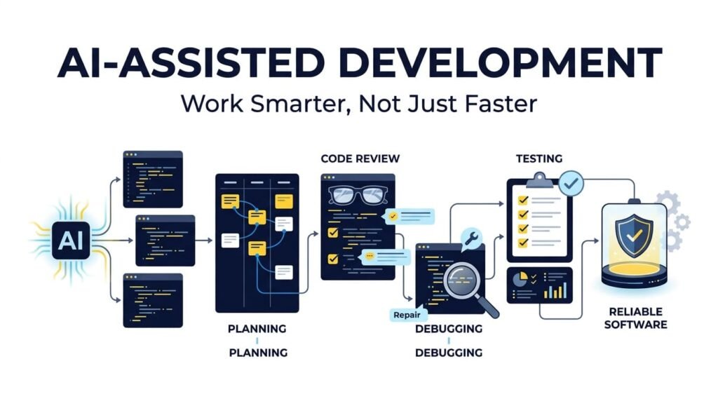 AI can generate code in seconds. But does that mean software development is finished faster? Not necessarily. AI-assisted development can help developers understand unfamiliar code, investigate errors, generate tests, and reduce repetitive work. However, generated code still needs review, testing, security checks, and integration with the existing system. The real advantage comes from using AI throughout a thoughtful development workflow: 𝗨𝗻𝗱𝗲𝗿𝘀𝘁𝗮𝗻𝗱 → 𝗣𝗹𝗮𝗻 → 𝗜𝗺𝗽𝗹𝗲𝗺𝗲𝗻𝘁 → 𝗥𝗲𝘃𝗶𝗲𝘄 → 𝗧𝗲𝘀𝘁 → 𝗥𝗲𝗳𝗶𝗻𝗲 The objective is not simply to produce more code. It is to solve problems more effectively and deliver software that remains reliable after deployment. In my latest article, I explore how developers can work smarter with AI without sacrificing technical understanding or software quality. Read the full article: #AI #SoftwareDevelopment #WebDevelopment #AIAssistedDevelopment
